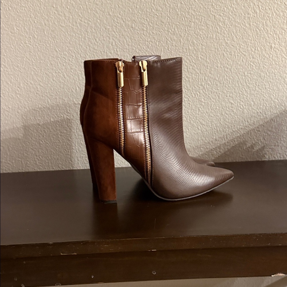 Shoe Dazzle Brown Ankle Booties with Gold Zipper